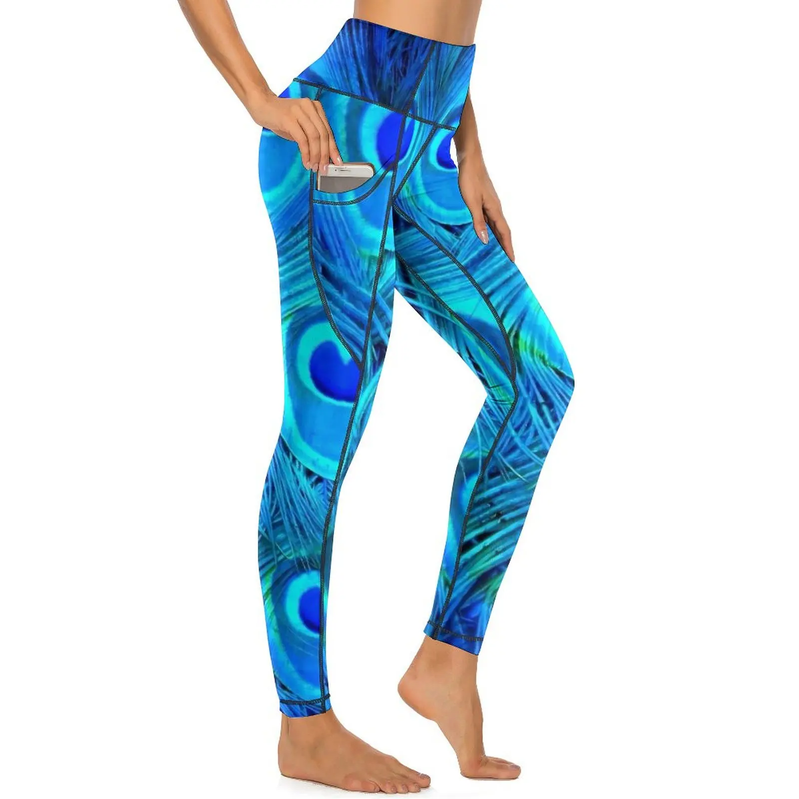 Pantalones de Yoga con diseño de plumas de pavo real, mallas con bolsillos de animales azules, mallas deportivas sexis de realce para Yoga, mallas elásticas para Fitness y correr