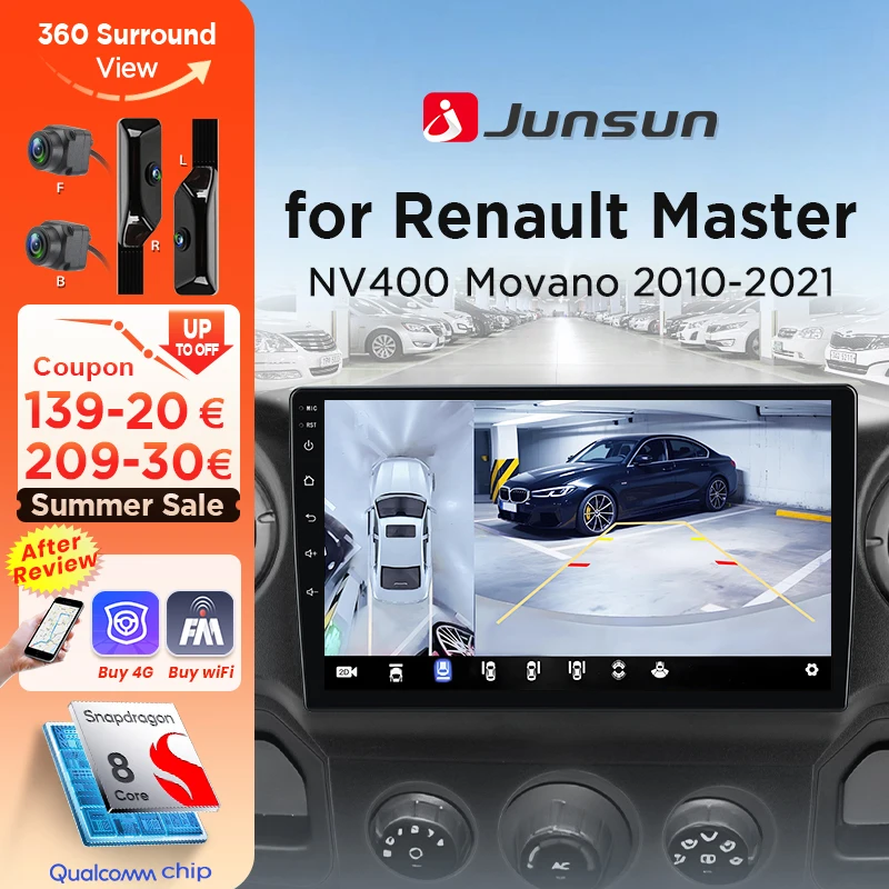 Junsun 360° °   Panoramakamera-Autoradio für Renault Master Nissan NV400 Opel Movano 2010–2021 Wireless CarPlay Android Auto GPS
