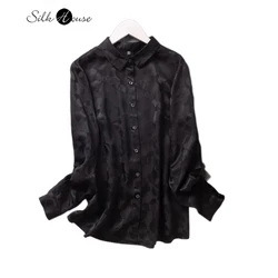 2024 Women's Fashion Spring New Black Jacquard 100%Natural Mulberry Silk HuaLuo Breathable Long Sleeve Loose Versatile Shirt