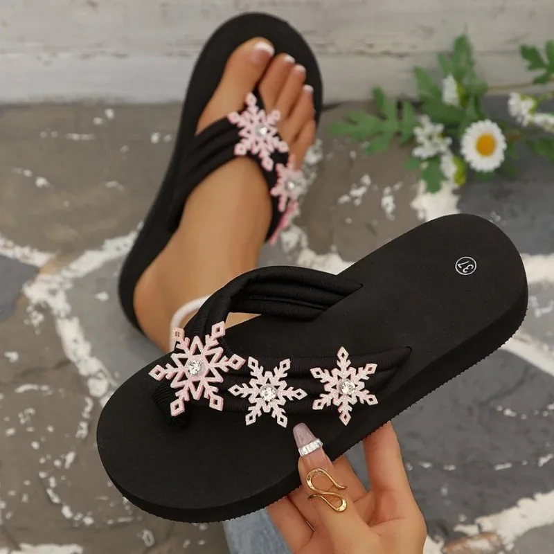 Women's Snowflake Flip Flops, Rhinestone Decor Platform Thong Sandals, Black Wedge Summer Beach Slippers