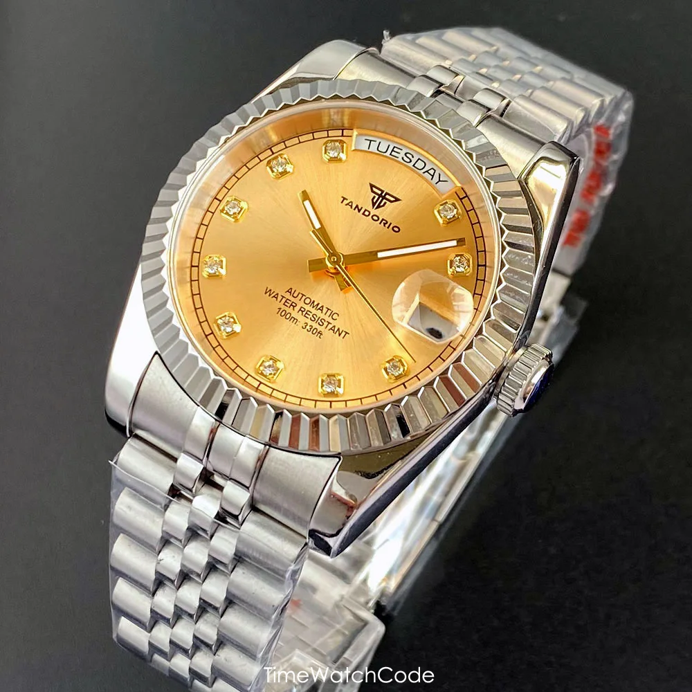 Tandorio Luxury NH36A Watch for Men Automatic Movement Classic Roman Dial Diamond Markers Day Date Sapphire Jubilee Band 36/39mm