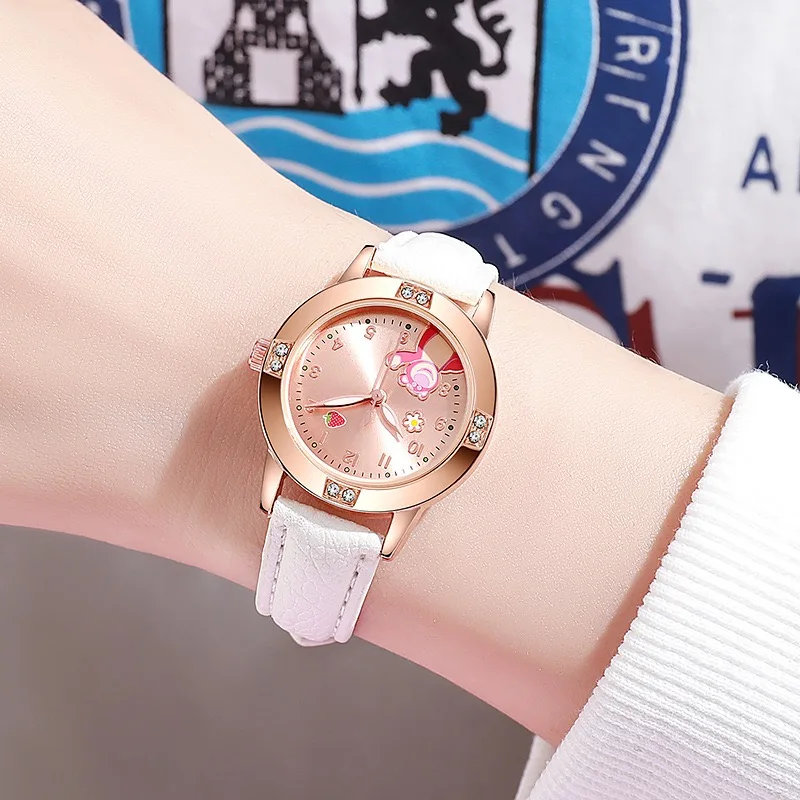 Детские часы Disney, детские кожаные ремешки с бриллиантами Kawaii Lotso Huggin, часы с медведем для девочек, кварцевые часы высокого качества, подарки