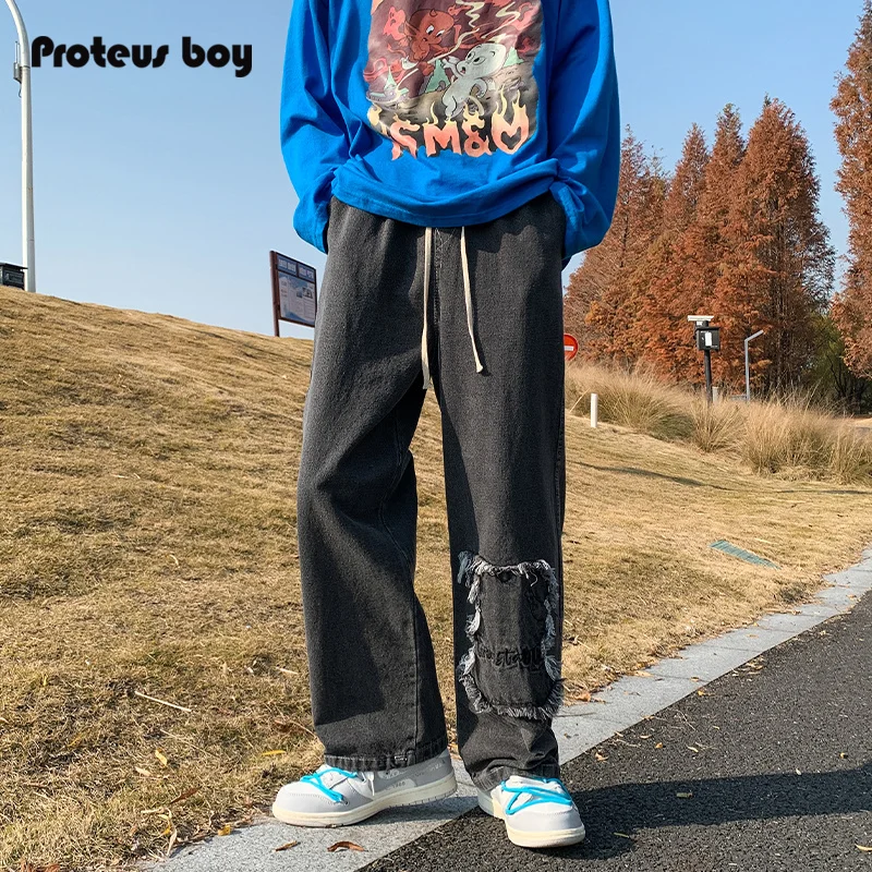 

ProteusBoy, повседневные джинсы с нашивкой в американском стиле ретро и вышивкой букв, прямые джинсы с завышенной талией, смесь хлопка и льна, молодежная мода