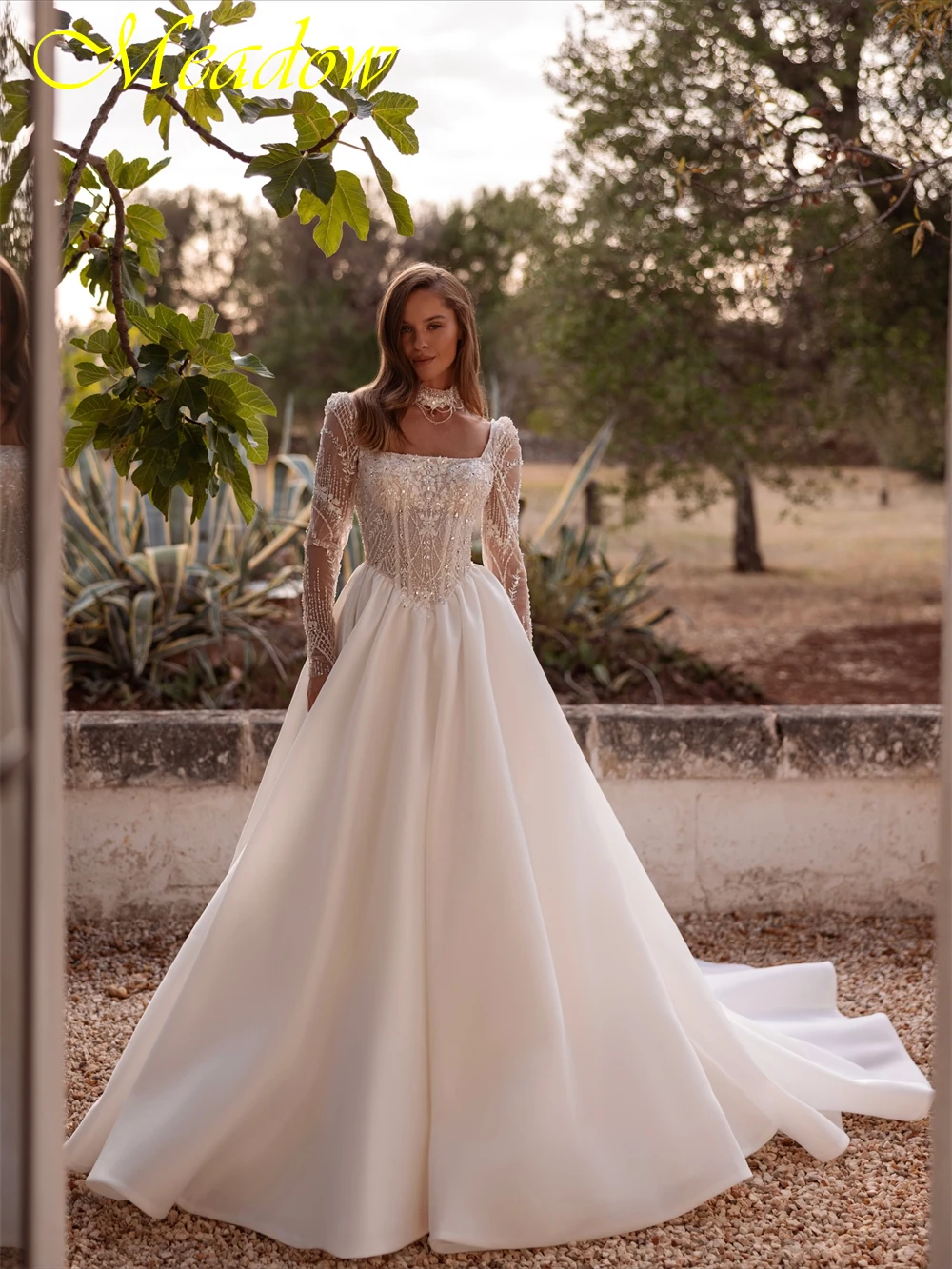 Customized Boho White Satin Wedding Dress Sexy Square Collar Long Sleeves Bridal Gown Soft A-Line Chapel Train Vestido De Novia