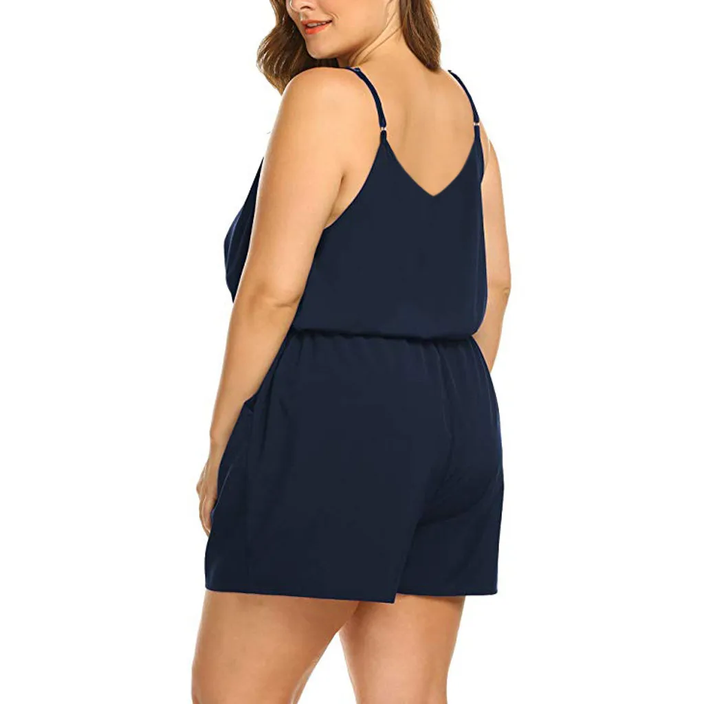 Women Summer Plus Size Solid Sleeveless V-Neck Rompers Short Jumpsuits Rompers Boiler Suit Women