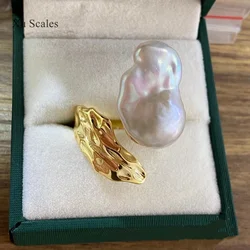Natural Freshwater 15-23mm Baroque Shaped Pearl Ring 925 Sterling Silver Small Design Fashion Personality Open Ring Gift Jewelry