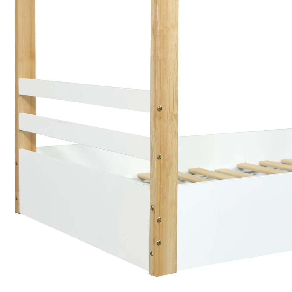 PINGGO Weißes Naturholz-Einzelbett 90x200cm Hausdesign Lattenrost Kiefer+Spanplatte+MDF Ohne Matratze – Detail 18