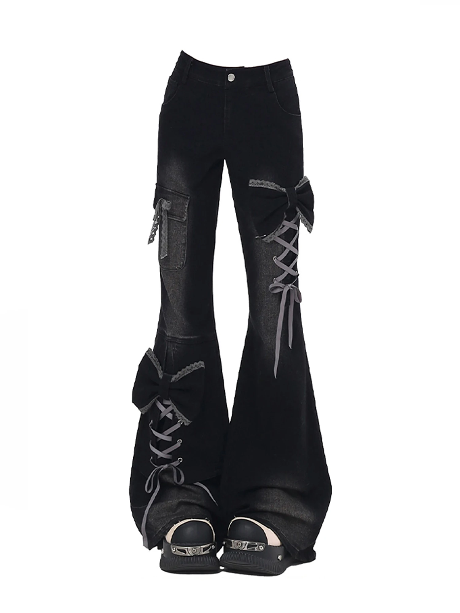 Women's Black Gothic Emo Y2k Baggy Flare Jeans Japandi Style Oversize Bow Jean Pants Vintage Harajuku Denim Trouser Clothes 2026