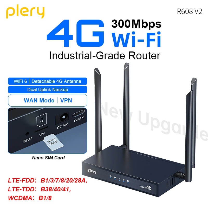 PLERY 300Mbps LTE Router 4G Router WAN/LAN WIFI6 Wireless Router DC Power 4*5dBi Antennas Supports 16 Devices VPN/Firewall CAT4