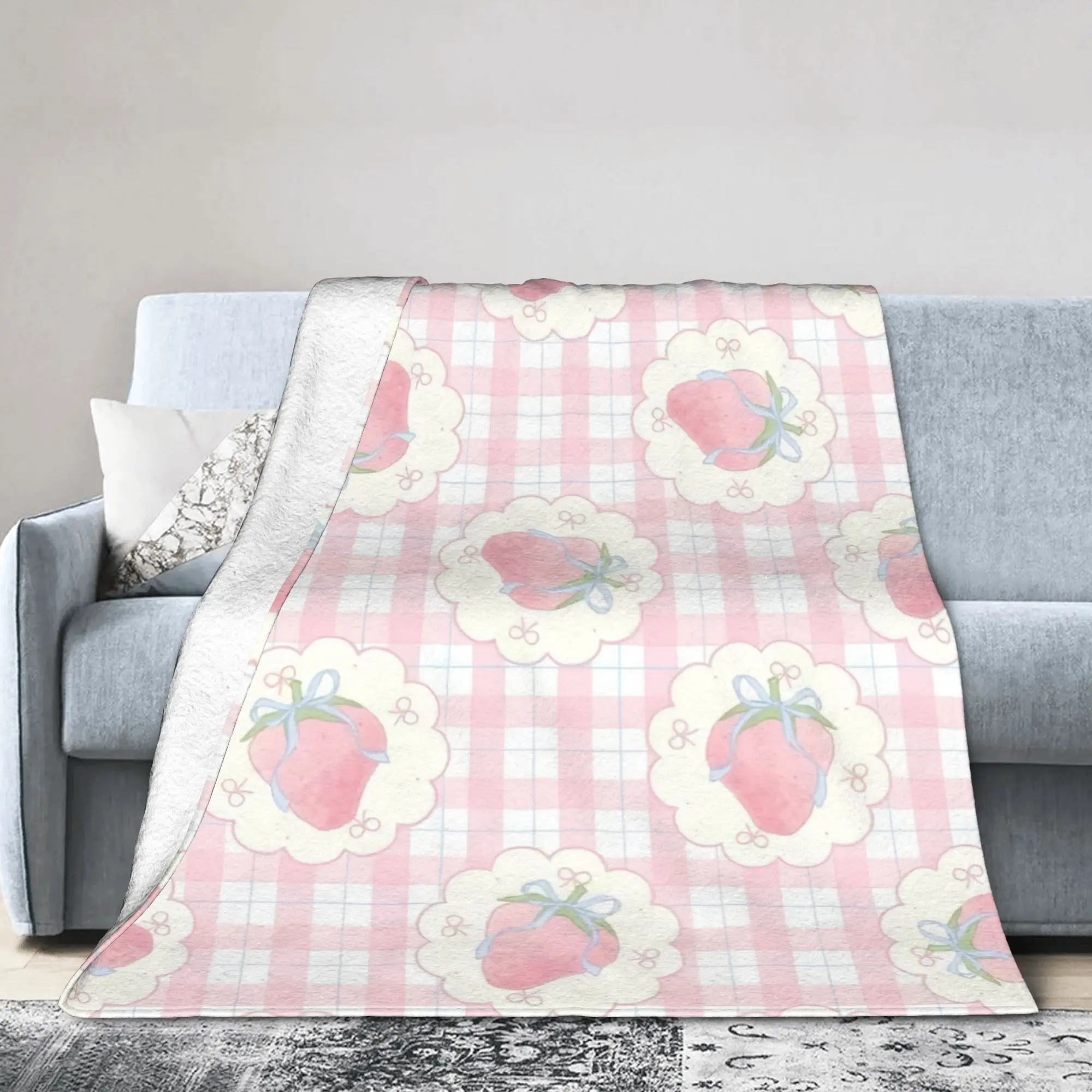 Strawberry Coquette Gingham Kawaii Cottagecore Blanket  Flannel Vintage Breathable Throw Blanket for Home Restaurant  Winter