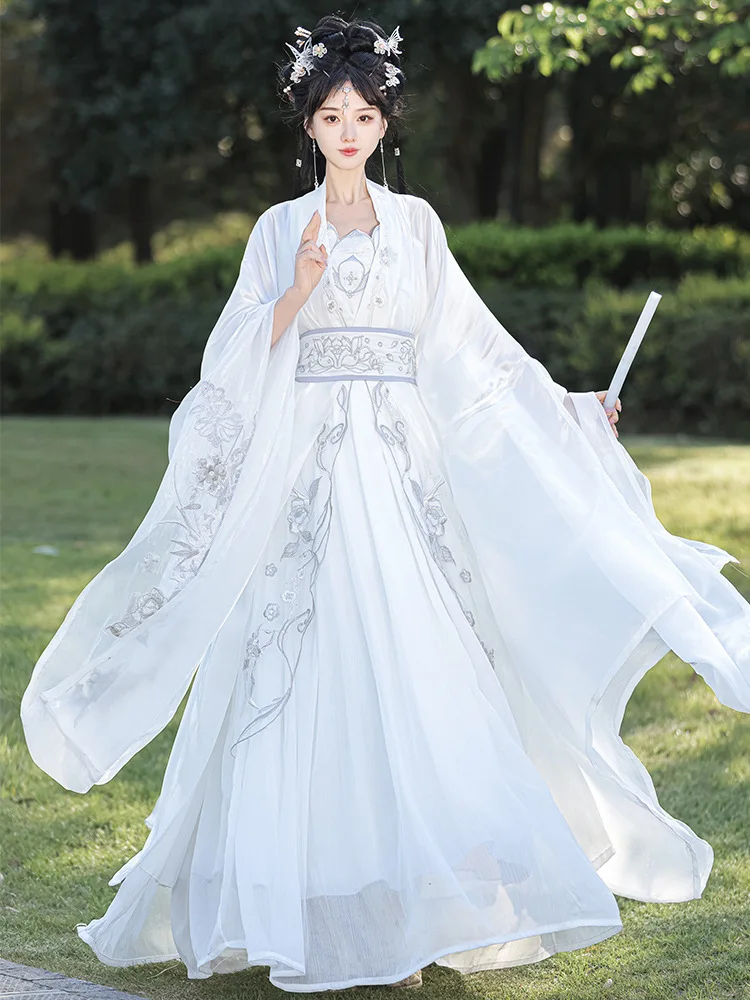 Feminino melhorado dinastia canção hanfu artes marciais inspirado antigo fada blusa de manga grande comprimento da cintura ru saia conjunto primavera