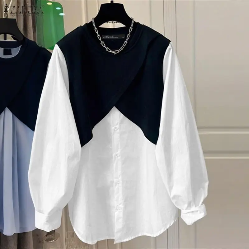 

Women Tops ZANZEA Vintage Patchwork Shirt 2025 Autumn Long Sleeve Buttons Fashion Casual Korean Loose Streetwear Blusas Famale