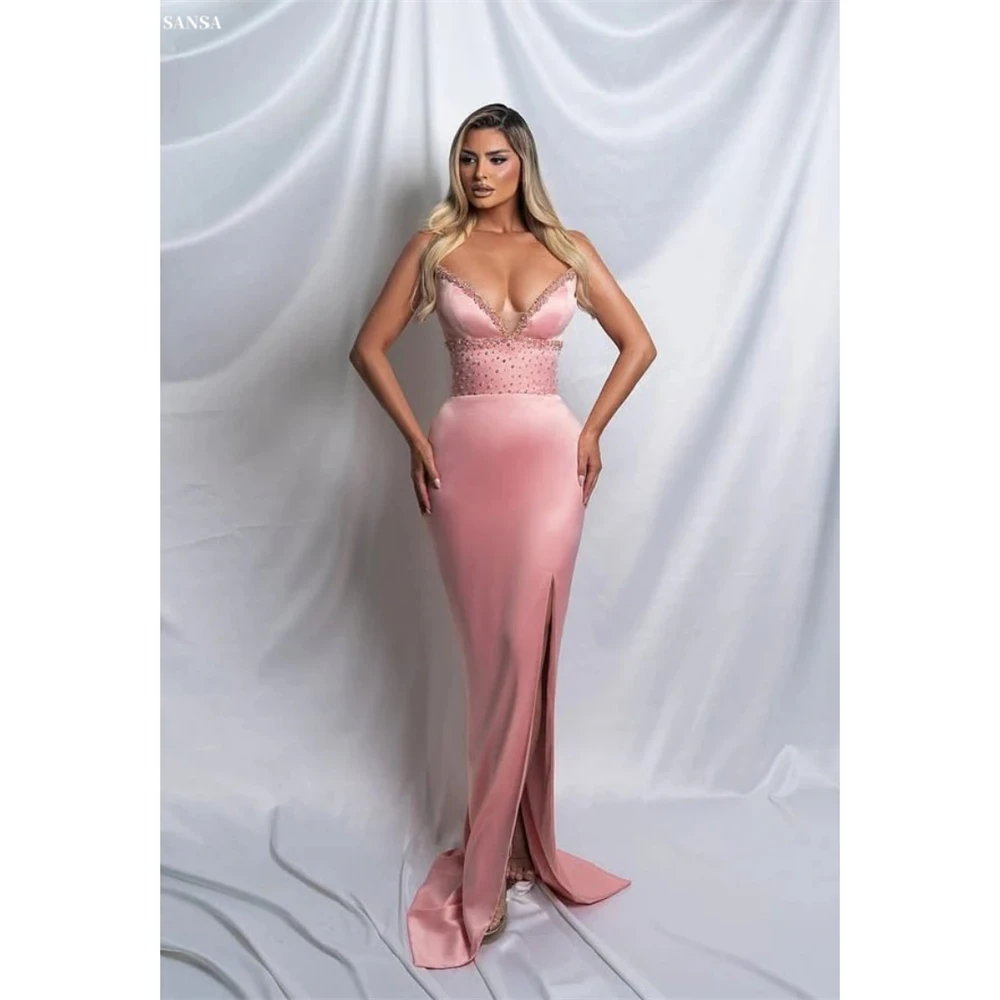 

Sansa Customized Pink Mermaid V-Neck Side Split Bead Prom Dress Sleeveless Vestidos De Noche Floor-Length Formal Evening 2025