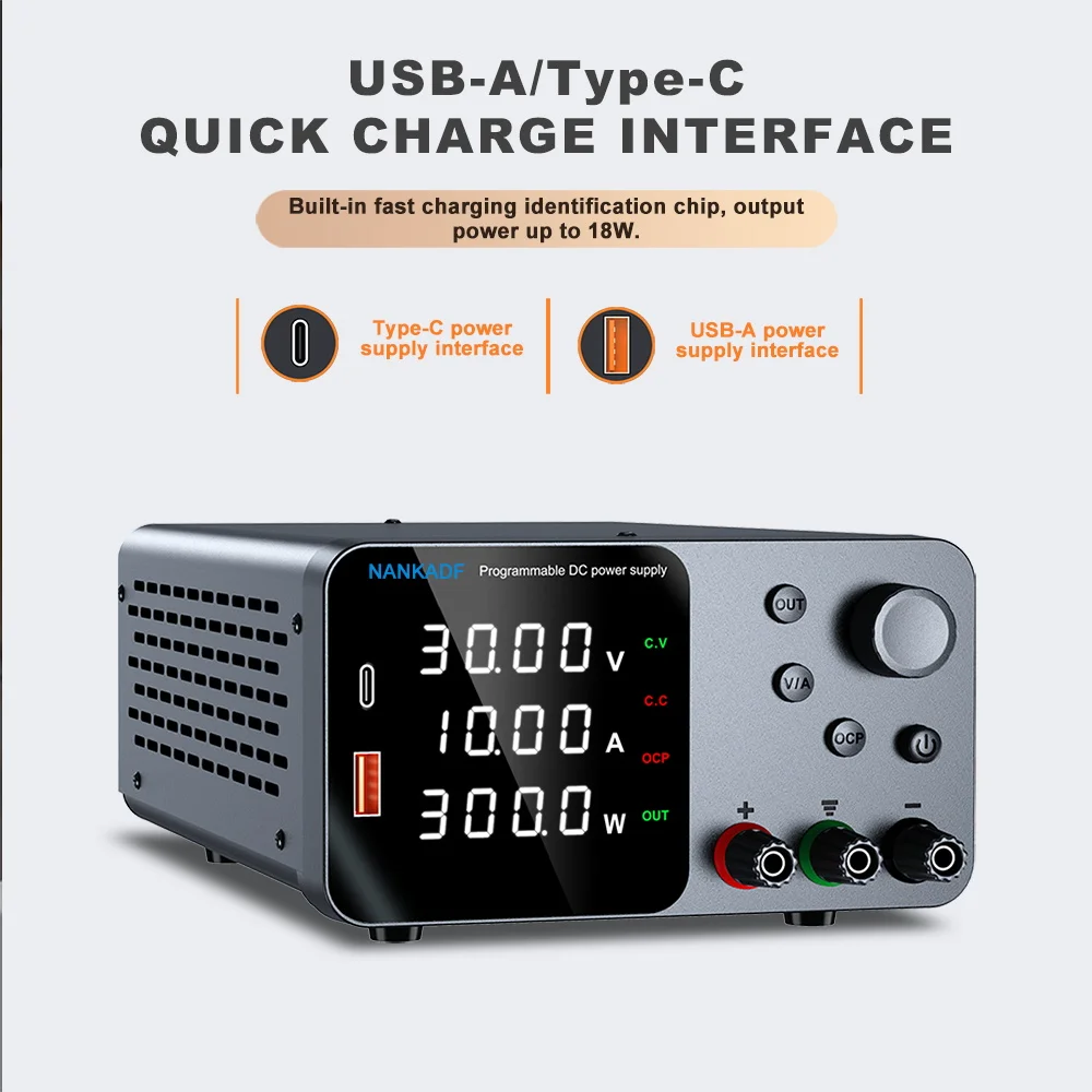 30V 10A Laboratory Power Supply with USB-A/Type-C Charging Port, DC Power Supply for 4-Digit LED Display with Encoder Controls