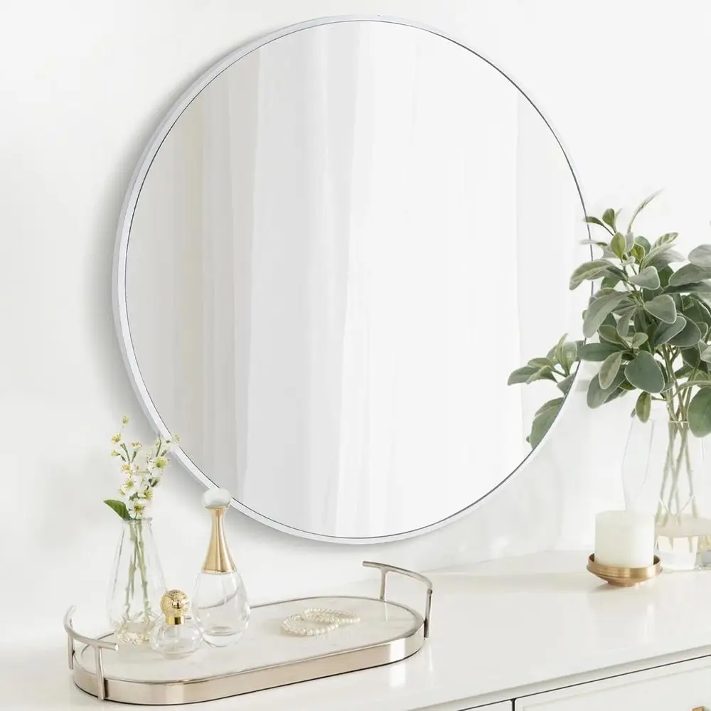 

30 Inch White Round Bathroom Mirror - Circle Wall Mirror for Vanity, Entryway, or Living Room - Tempered Glass