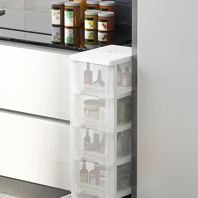 Kitchen storage rack, seam storage cabinet, floor to floor seasoning box rack, plastic refrigerator storage, multi-layer drawer