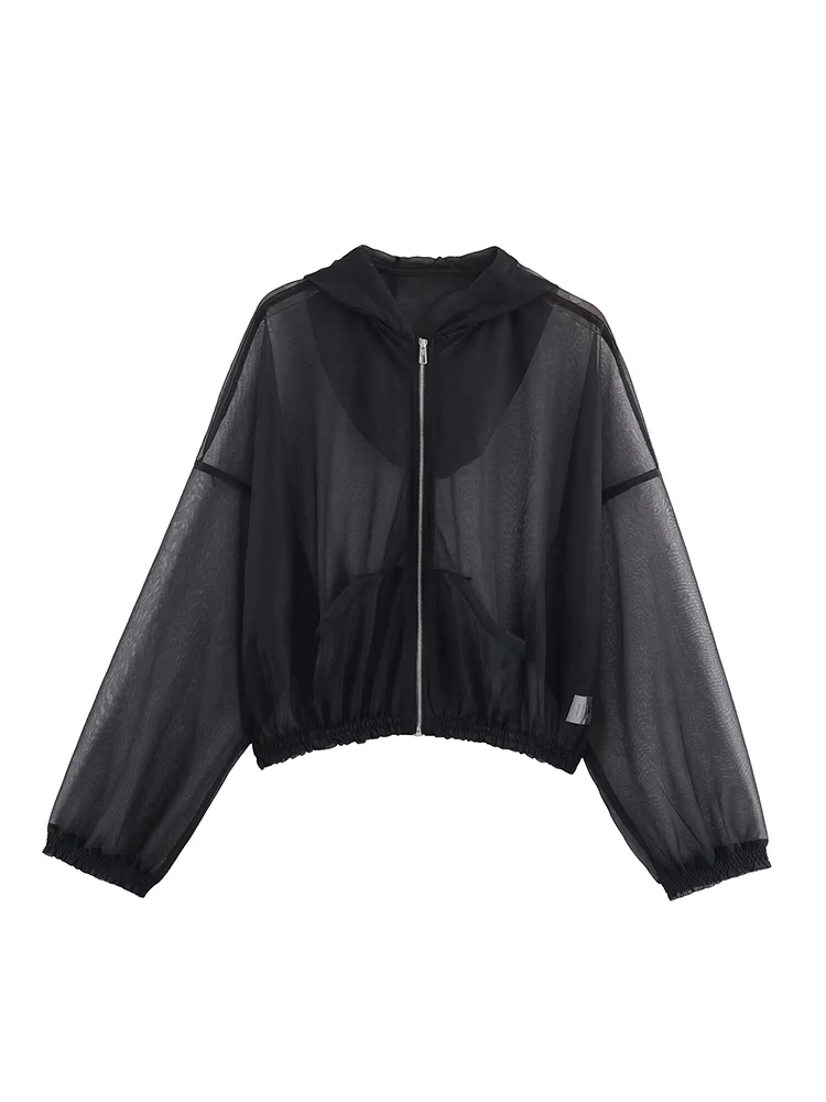

Women Jacket 2025 Summer Autumn New Women Fashion Long Sleeve Zipper Hooded Translucent Coat Women Elegant Leisure Coat