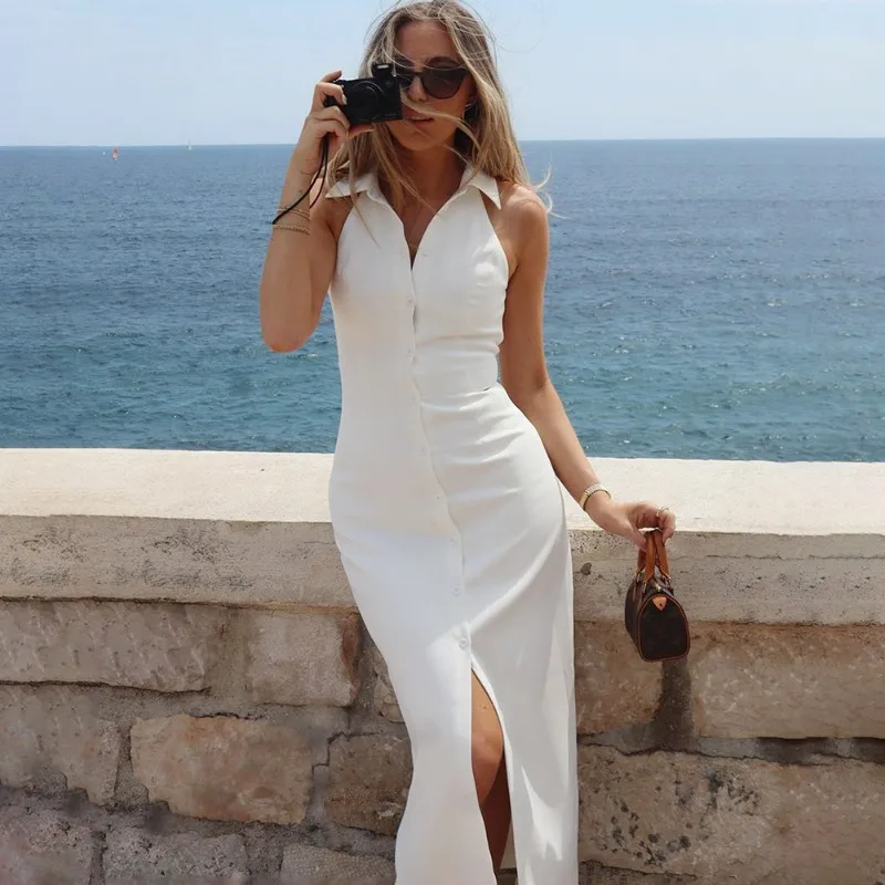 Talenza ホワイト V ネックロングドレス夏の新ラペルノースリーブシングルブレストスリットロングドレスファッション女性のパーティーイブニングドレス