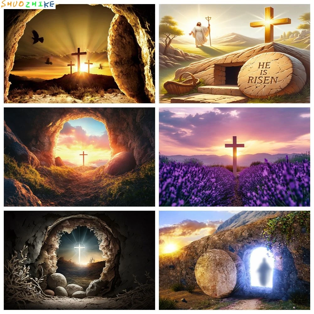 

Jesus Christ Cross Photography Backdrop Christian Nativity Scene Sunset Mountain Cave Religious Activities Photocall Background