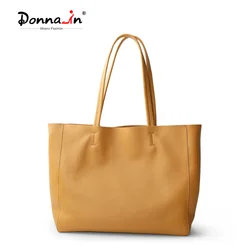 Donna-in Genuine Full Grained Leather Tote Bag First Layer Cowhide Casual Shoulder Bag Soft Large Capacity Solid Fashion Commute