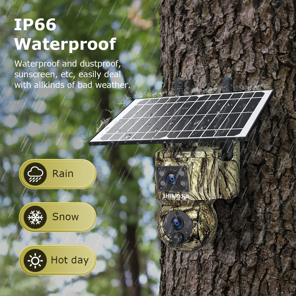 SHIWOJIA 4K 8MP Dual Lens Solar Camera Outdoor 4G SIM/WiFi Security Hunting Animal Camouflage Cameras Motion Tracking PTZ Camera