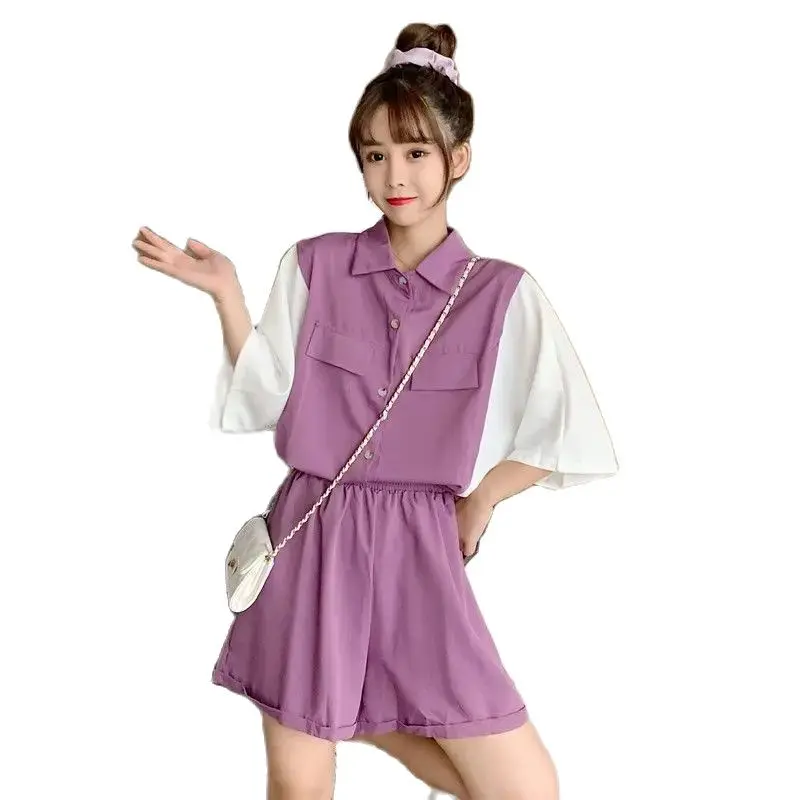 Korean Two Piece Set Sets Women Sweet Students Shorts Summer Patchwork Femininno Shirts Baggy All-Match Fashion Kawaii Ins