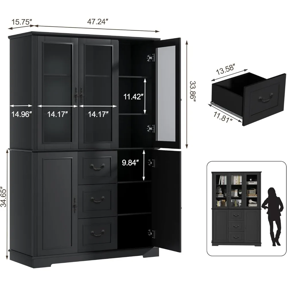 خزانة كتب بطول 71 بوصة، رف كتب للمزرعة مع أدراج وباب زجاجي أكريليك، خزانة تخزين خشبية كبيرة الحجم للدراسة المنزلية