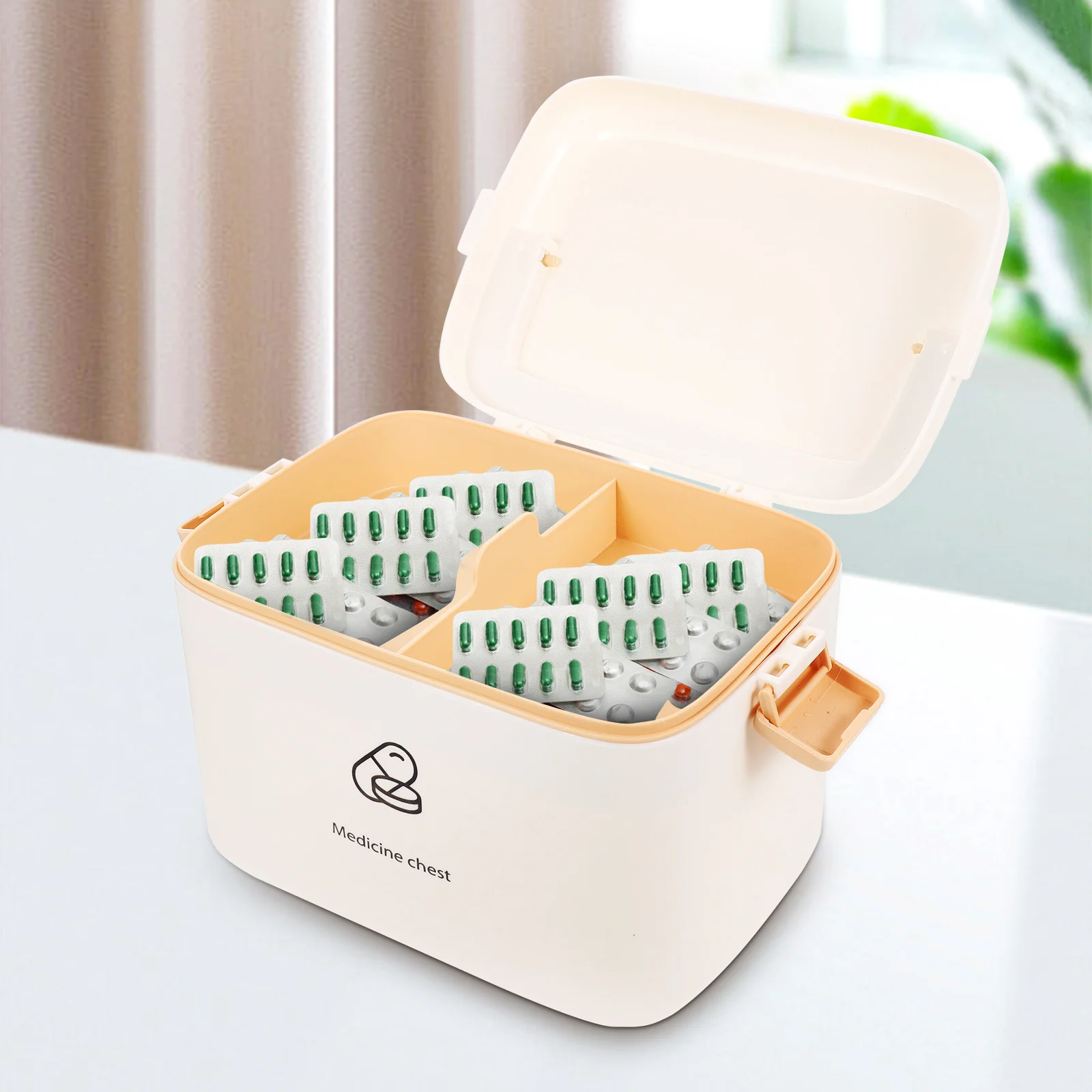 กล่องปฐมพยาบาลสองชั้นขนาดใหญ่สำหรับใช้ในบ้าน กล่องเก็บยาแบบปิดผนึกกันความชื้น พกพาสะดวก สำหรับใช้ในบ้าน