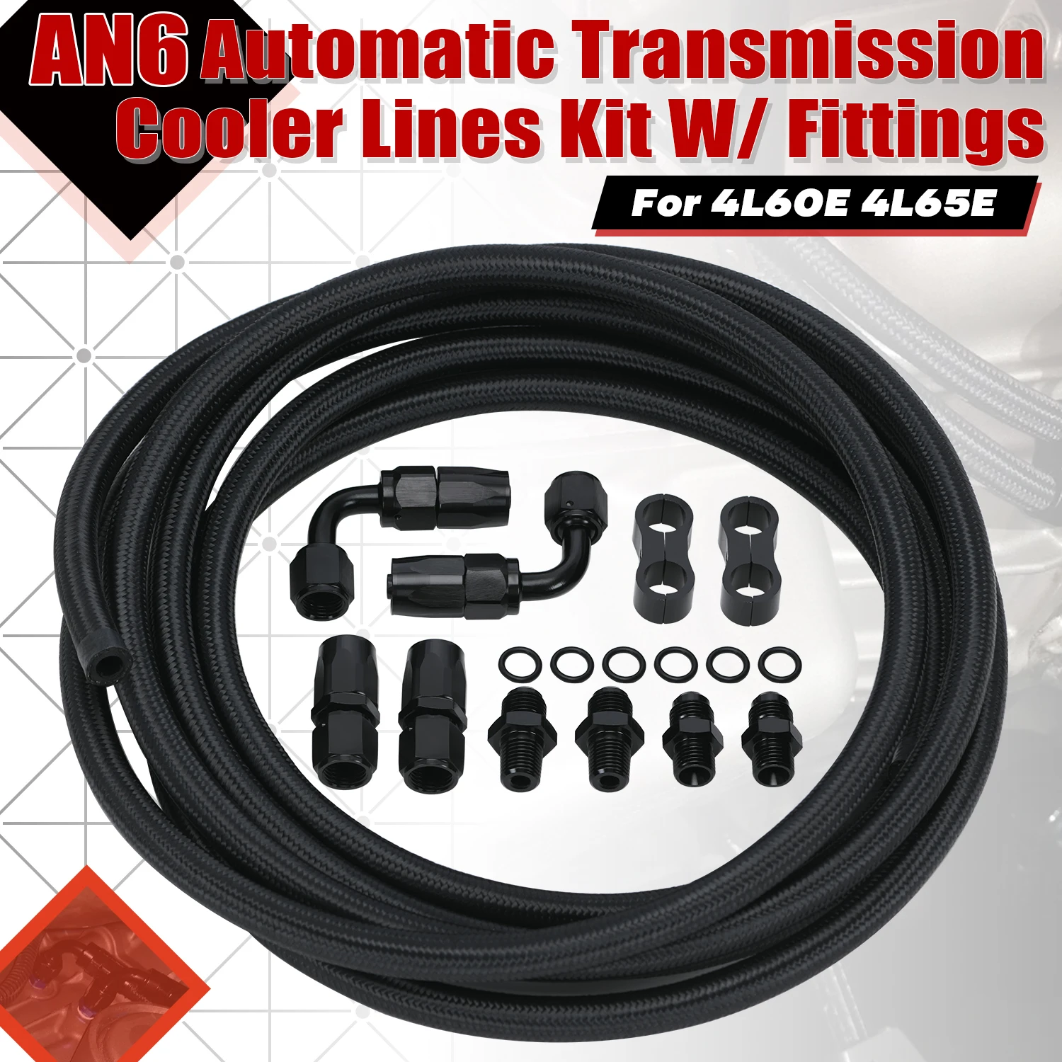 AN6 6AN Automatic Transmission Cooler Lines Kit Black Nylon Braided Hose Kit with fittings For 4L60E 4L65E