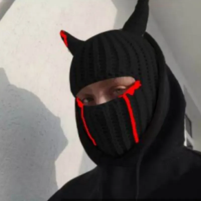 Zabawna czapka z dzianiny z rogami Cosplay na Halloween maskarady ciepłe pełna twarz osłona maska narciarska kapelusz wiatroszczelny kask Trick