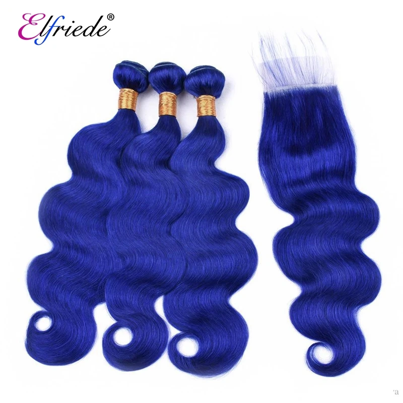 Elfriade-extensiones de cabello humano ondulado, mechones de pelo brasileño Remy con cierre de encaje 4x4, color azul 100%, 3 uds.