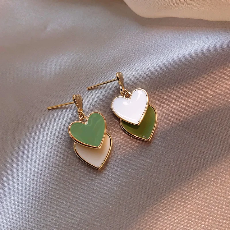New Korean Sweet White Green Double Heart Drop Earrings For Women Asymmetric Love Heart Statement Earrings Girls Party Jewelry