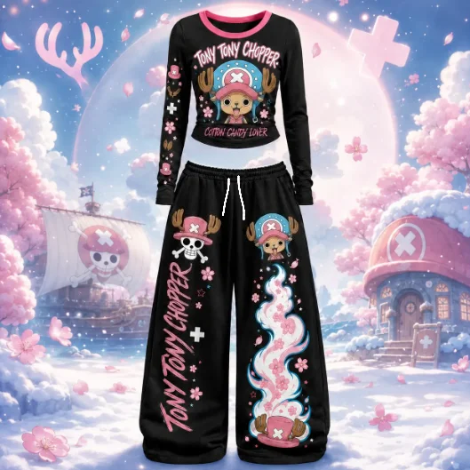 New One Piece Anime Character Long Sleeve T-Shirt Wide Leg Pants Set Unisex Anime 2 Piece Outfit FamilyMatching