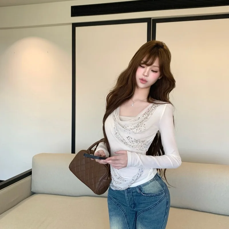 Long Sve Me T-irt レディース 秋冬新作 Sle Ele スリミングトップ グリッター ダイヤモンドカラー カジュアル ピュアカラー