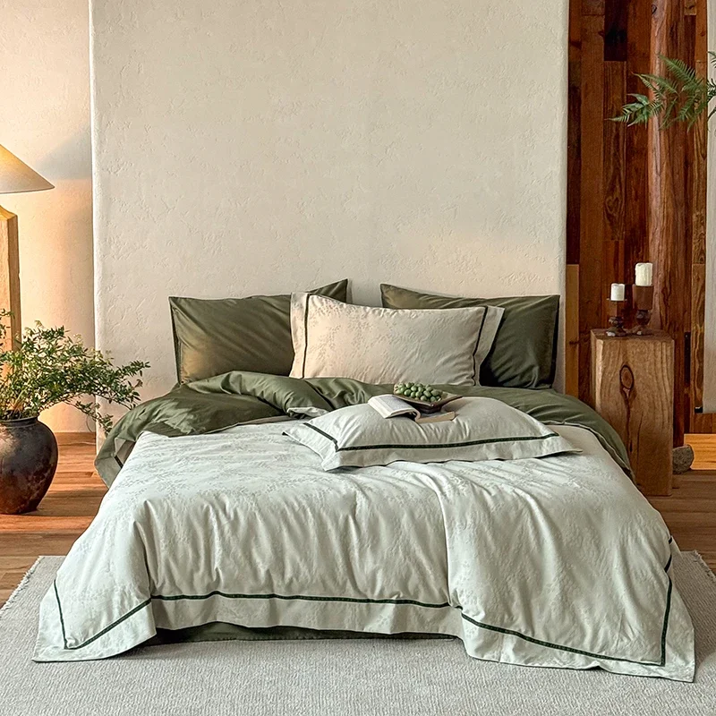 100% Cotton Satin Duvet Cover Set High-end Solid Jacquard Bedding Set Luxury Skin-friendly Silky Long-staple Cottons Quilt Cove