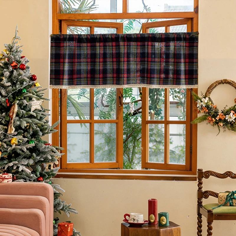 1Pc Retro Christmas Plaid Lace Short Curtain Dust Cover Curtain, Kitchen Living Room Bedroom Restaurant Holiday Party Decoration