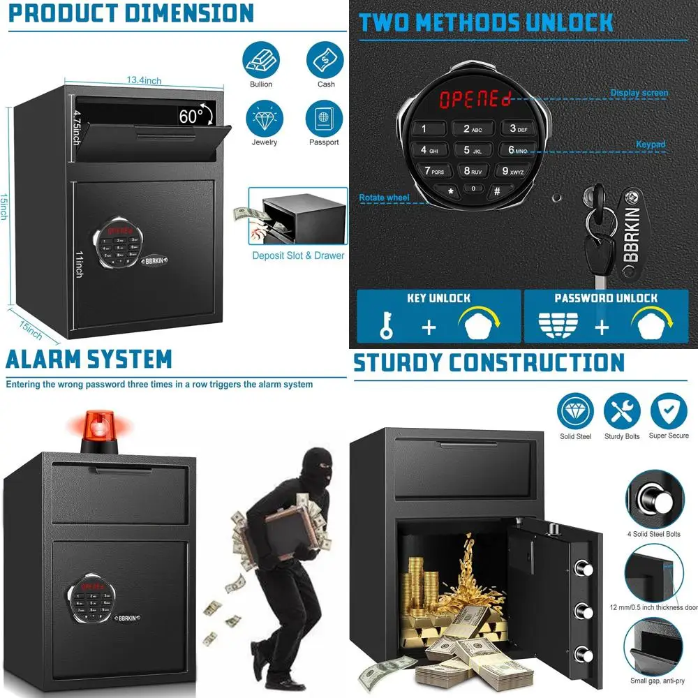 

Сейф для наличных с электронной клавиатурой, резервным ключом, металлическими колесиками, цифровым серийным номером и 5 усиленными замками.