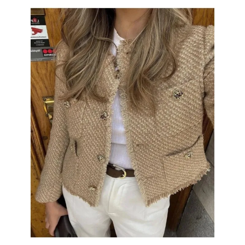 

Chic Female Tweed Basic Jacket Coat Women Clothing Woolen Outerwear Long Sleeve Front Button Female Outerwear Chic Tops