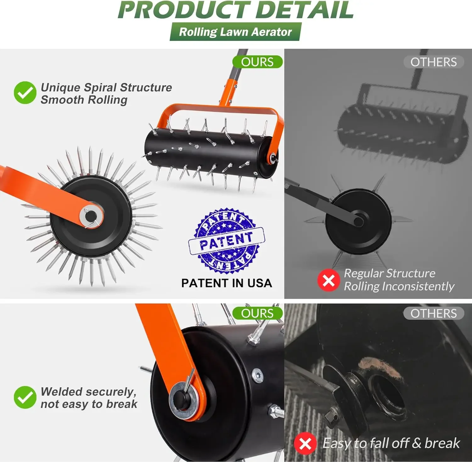 Rolling Lawn Aerator, Heavy Duty Manual Aerator Tool with 42 Spikes, Lawn Spike Aerator Roller with 71" Adjustable Handle - view 4