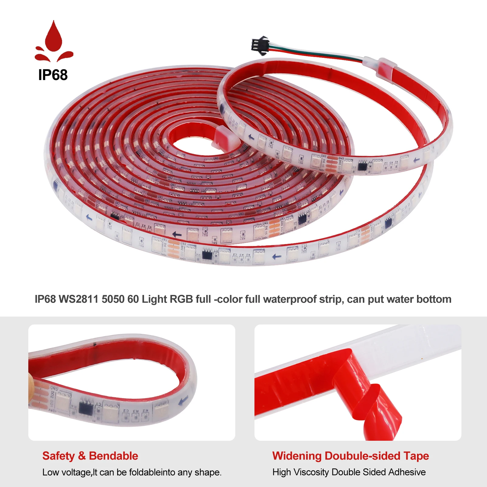 Tuya WiFi Bluetooth WS2811 Addressable 60Leds/m Dream Color 5050 RGB LED Strip Light 24V IP68 Waterproof Adhesive Led Light Tape