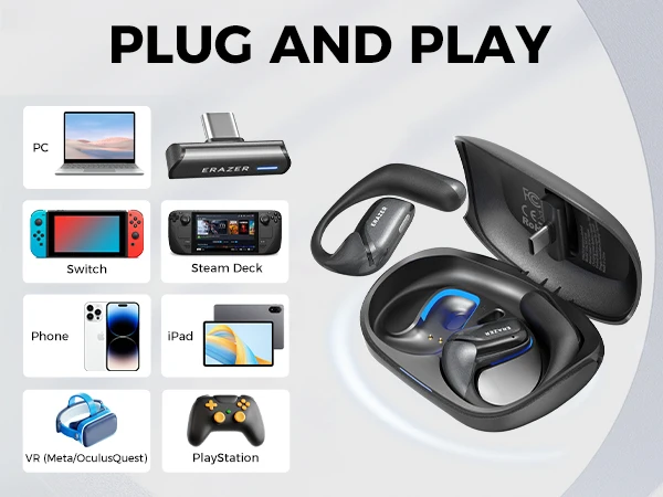 ERAZER XF29 Wireless Gaming Earbuds 20ms Low Latency Open Ear Bluetooth Headphones Dual Connection For PC PS5 Switch VR