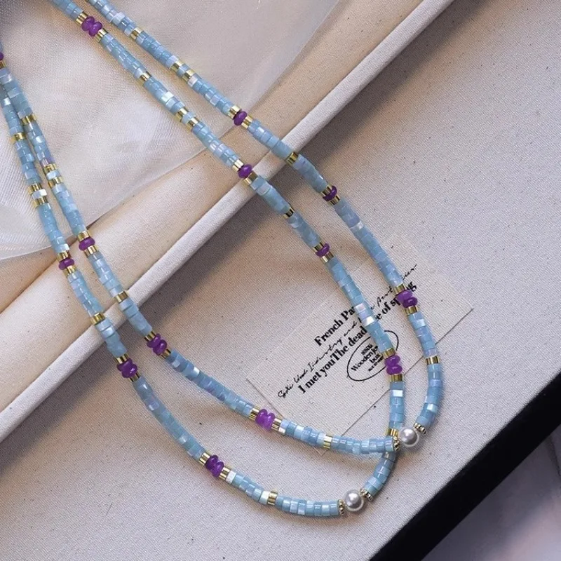Minar Unusual Blue Natural Stone Shell Purple Crystal Beads Beaded Necklaces for Women Gold Chain Simulated Pearl Strand Choker