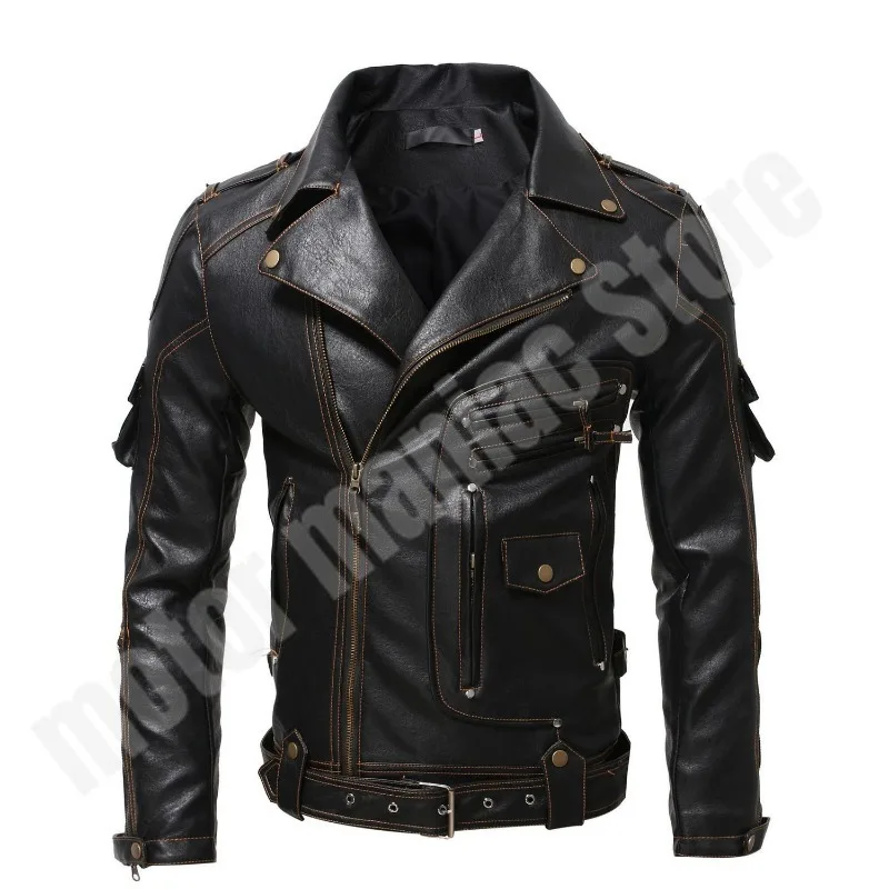 2024 Autumn/Winter New Motorcycle Riding Leather Jacket PU Personalized Leather Jacket Multi Pocket Side Zipper Casual Jacket