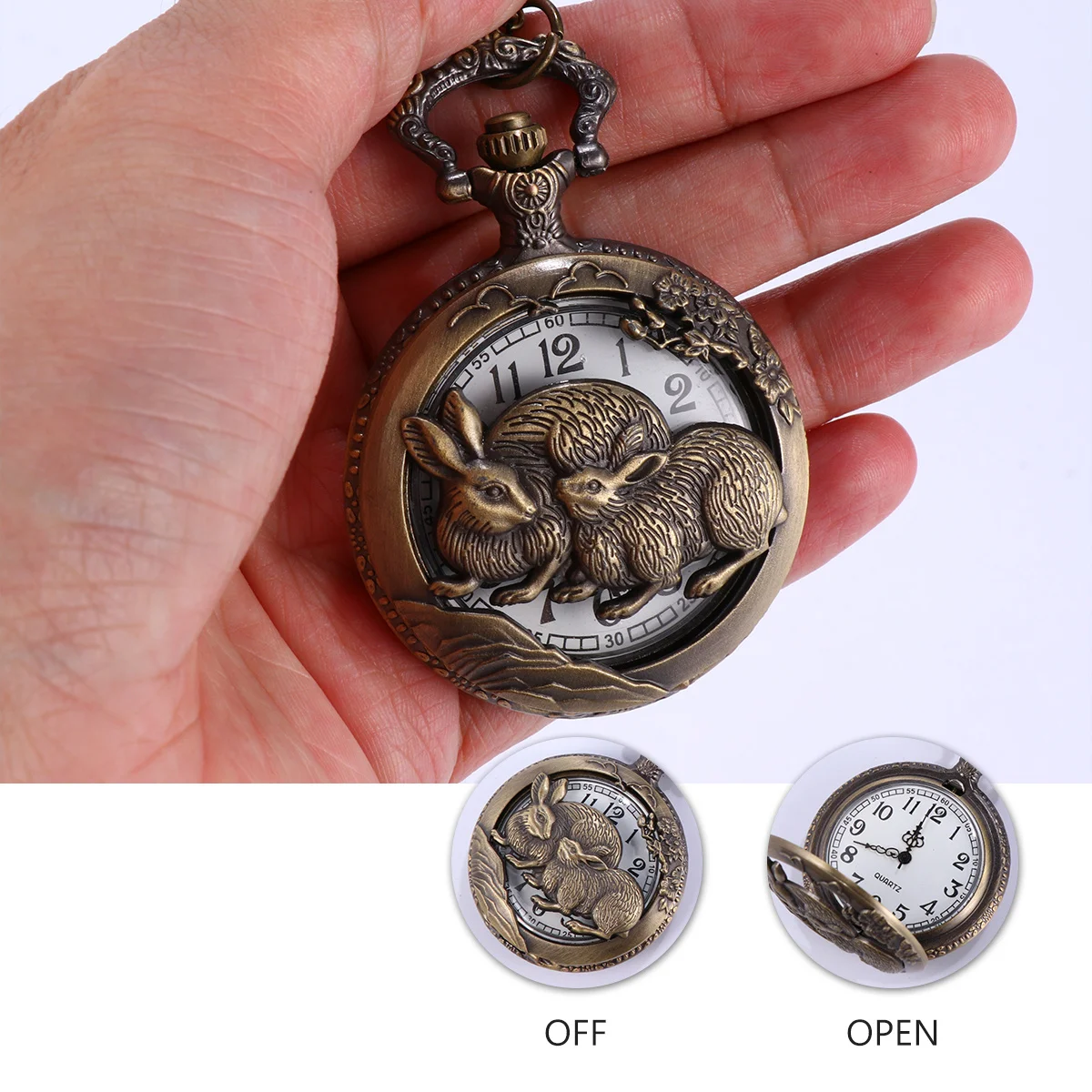 

1Pcs Creative Hollow Rabbit Pocket Watch Retro Vintage Alloy Animal Pattern Pendant Classic Round Pocket Watch Necklace Gift