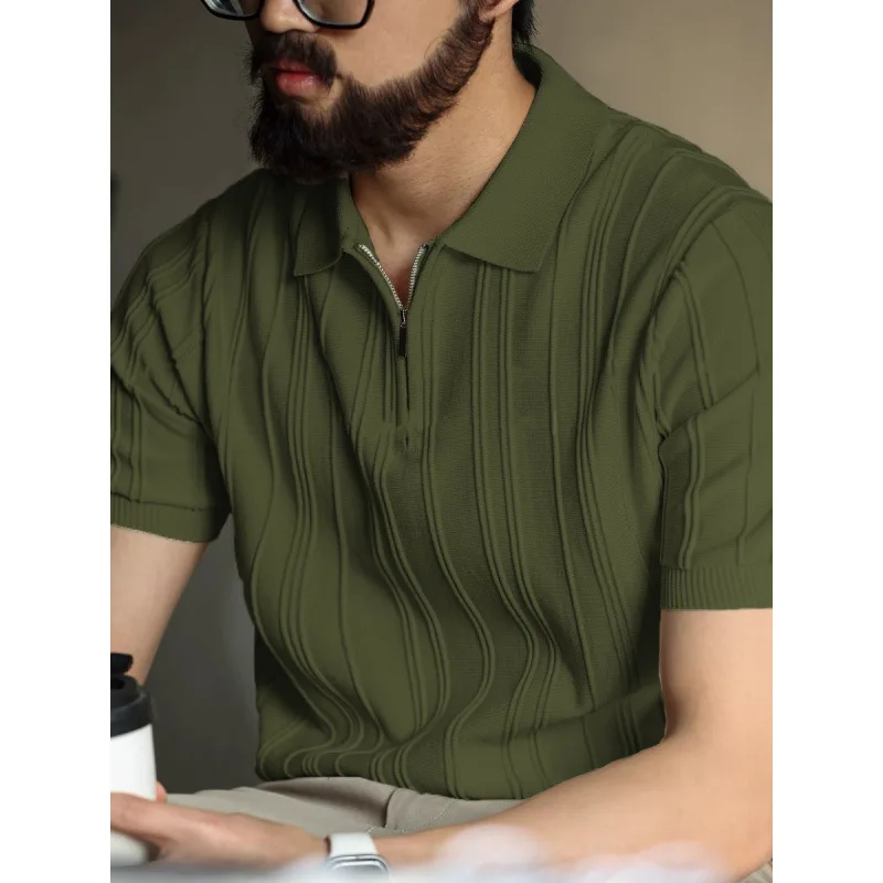 

2026 Summer Polo Neck Ice Silk Short Sleeved T-shirt Men's Slim Fit Knitted Shirt Casual Business Tshirts Social Streetwear Tee