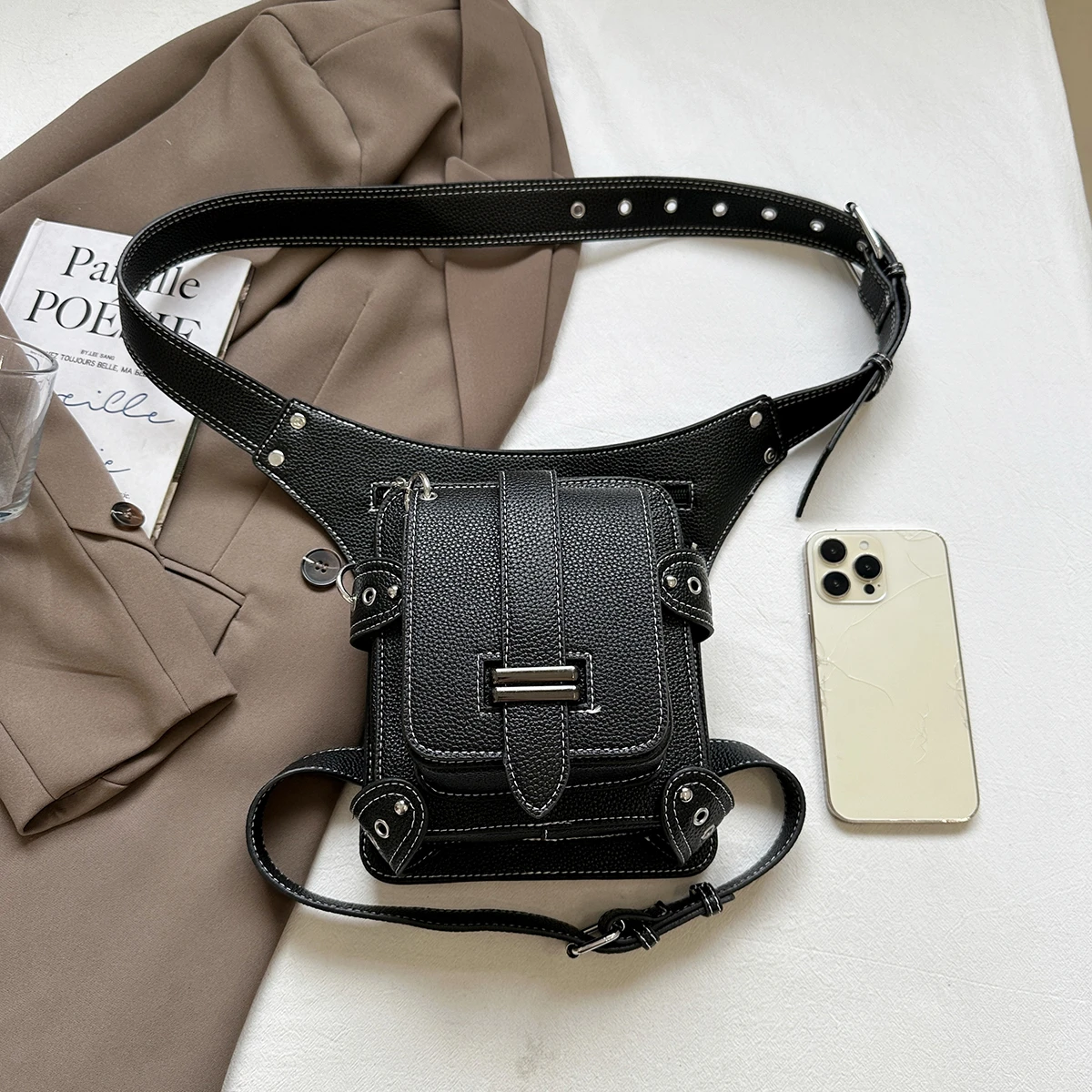 حقيبة خصر أنيقة من البولي يوريثان الفاخر للجنسين - لون خالص، جيوب متعددة، سعة واسعة وحزام قابل للتعديل للنزهات والتنقل #5