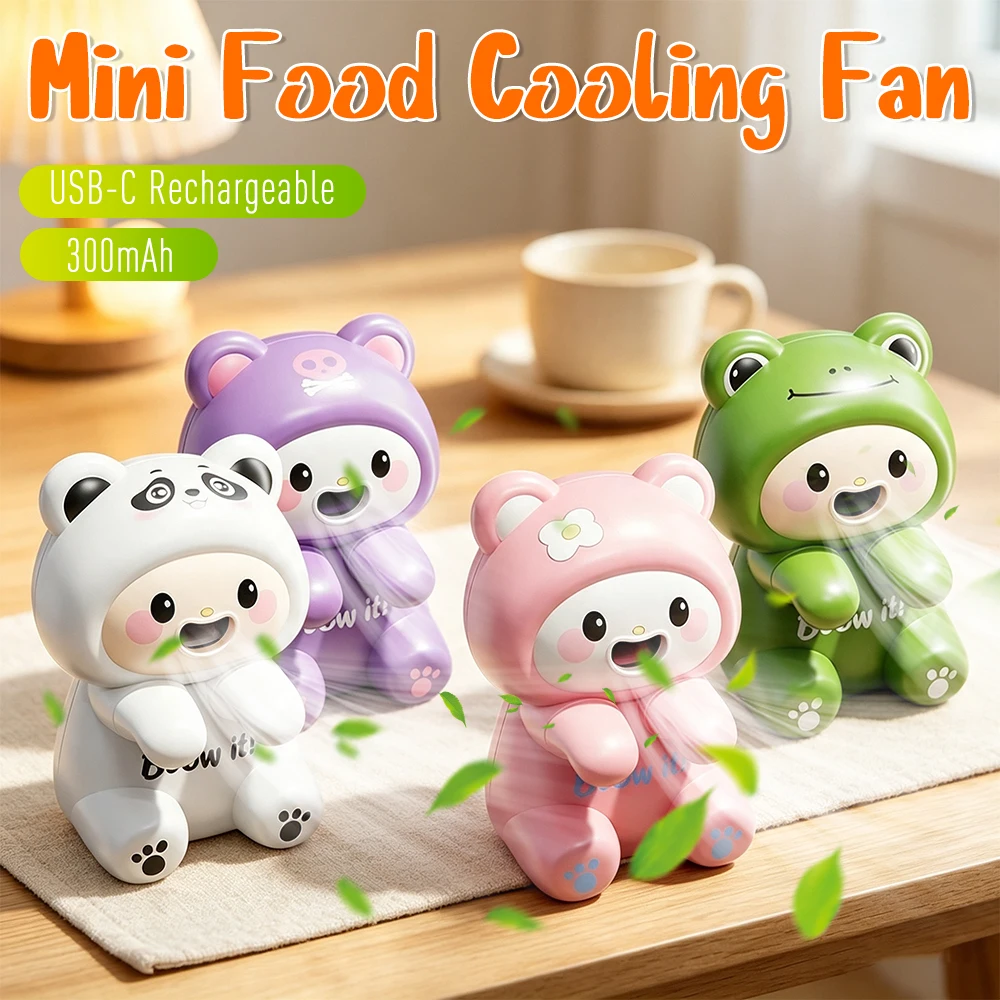 Clip-On Food Table Fan with Data Cable Cute Cartoon Frog Fans USB Rechargeable Food Cooler for Noodle Coffee Tea Hot Drinking