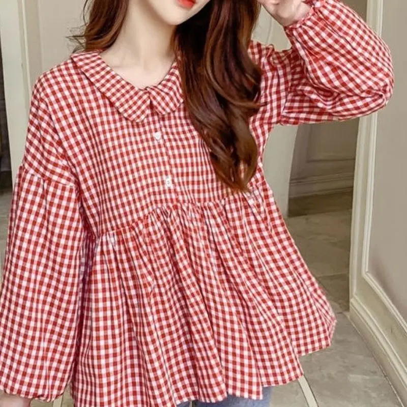 Pullovers Buttons Printing Plaid Office Lady Young Style Cute Fashion Loose Long Sleeve Sweet Women\'s Clothing O-neck Blouses