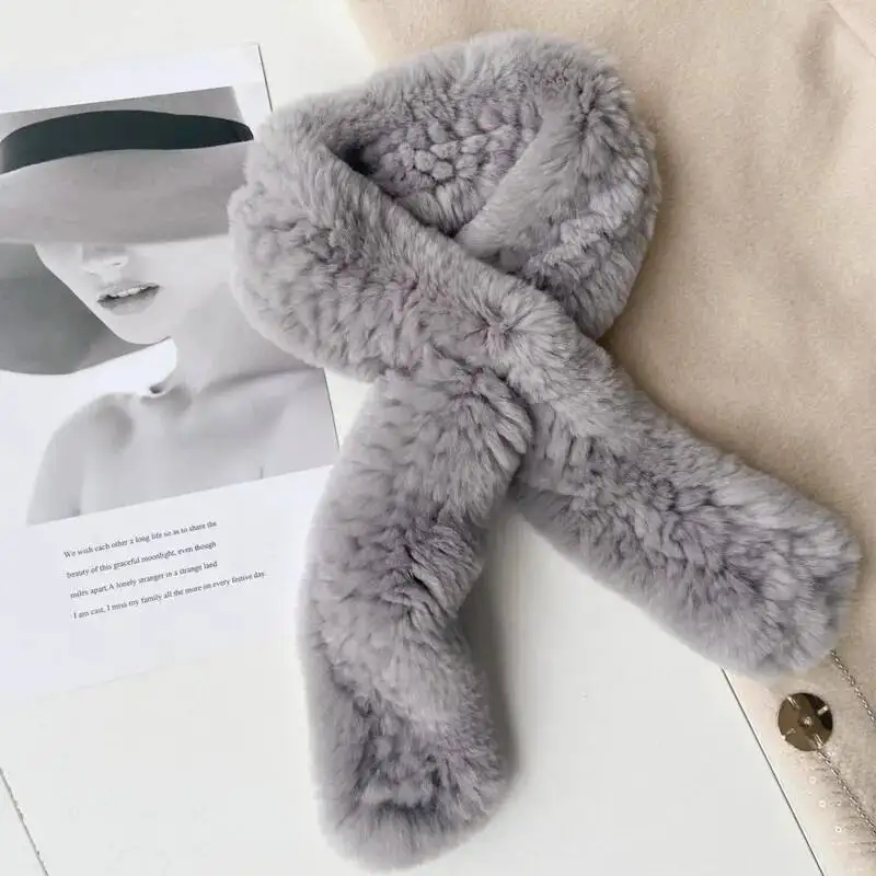 Real Rex Rabbit Fur Scarf Women's Fur Double-sided Thick Scarf Fashion Neck Warmer Ladies Scarves Knitted Natural Fur Mufflers