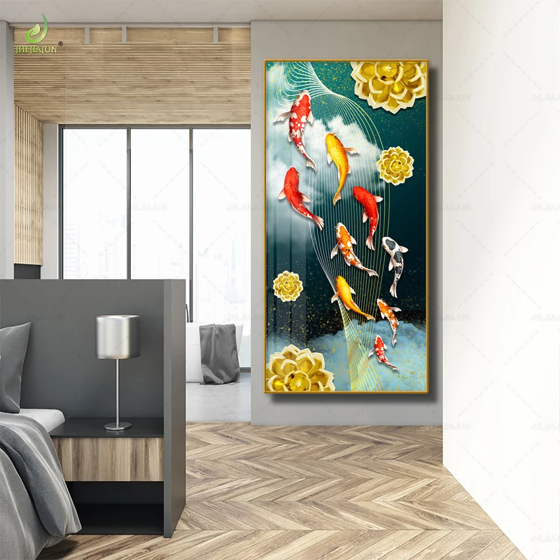 New Double Fish Koi Pattern Entrance Background Crystal Porcelain Gold Frame Mural Home Decoration LED Mural Art